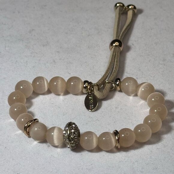 Express Crystal Glass Beads With Tan Pull Cord Slide Adjustable Bracelet NWOT - Picture 2 of 8